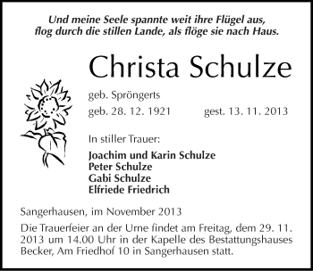 Traueranzeige von Christa Schulze von Mitteldeutsche Zeitung Sangerhausen