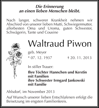 Traueranzeige von Waltraud Piwon von Mitteldeutsche Zeitung Mansfelder Land
