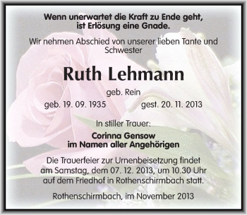 Traueranzeige von Ruth Lehmann von Mitteldeutsche Zeitung Mansfelder Land