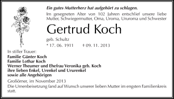 Traueranzeige von Gertrud Koch von Mitteldeutsche Zeitung Mansfelder Land