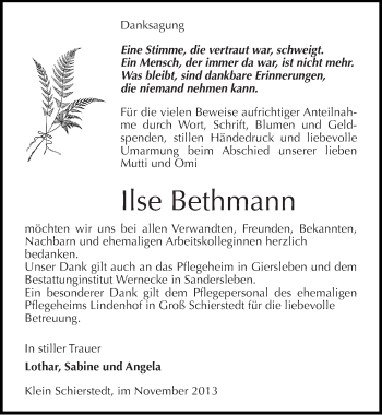 Traueranzeige von Ilse Bethmann von Mitteldeutsche Zeitung Aschersleben