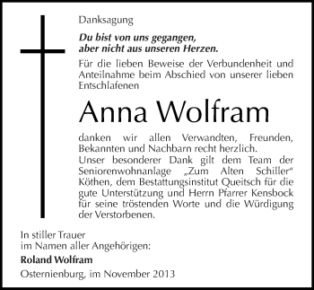 Traueranzeige von Anna Wolfram von Mitteldeutsche Zeitung Köthen