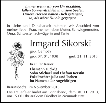 Traueranzeige von Irmgard Sikorski von Mitteldeutsche Zeitung Merseburg/Querfurt