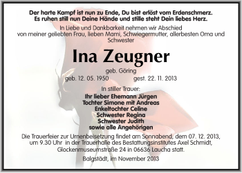 Traueranzeige von Ina Zeugner von Mitteldeutsche Zeitung Naumburg/Nebra