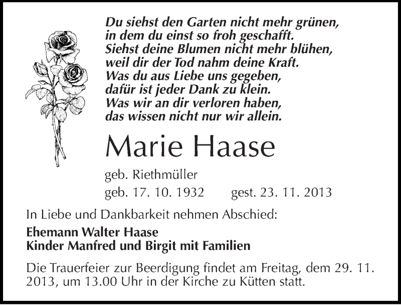  Traueranzeige für Marie Haase vom 26.11.2013 aus Mitteldeutsche Zeitung Halle/Saalkreis