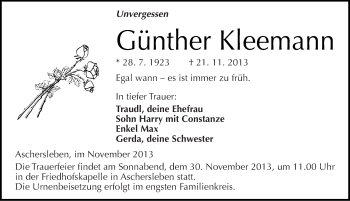 Traueranzeige von Günther Kleemann von Mitteldeutsche Zeitung Aschersleben