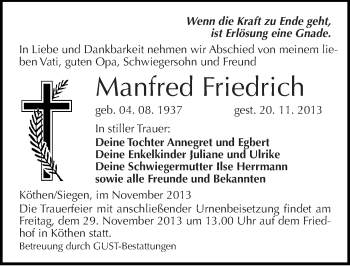 Traueranzeige von Manfred Friedrich von Mitteldeutsche Zeitung Köthen