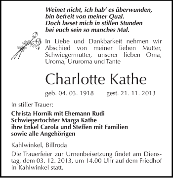 Traueranzeige von Charlotte Kathe von Mitteldeutsche Zeitung Naumburg/Nebra