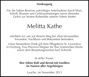 Traueranzeige von Melitta Kathe von Mitteldeutsche Zeitung Naumburg/Nebra