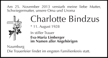 Traueranzeige von Charlotte Bindzus von Mitteldeutsche Zeitung Naumburg/Nebra