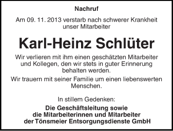 Traueranzeige von Karl-Heinz Schlüter von Mitteldeutsche Zeitung Mansfelder Land