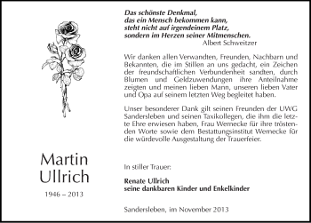 Traueranzeige von Martin Ullrich von Mitteldeutsche Zeitung Mansfelder Land