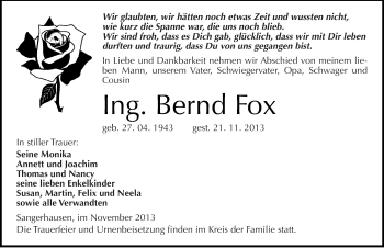 Traueranzeige von Bernd Fox von Mitteldeutsche Zeitung Sangerhausen