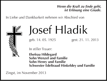 Traueranzeige von Josef Hladik von Mitteldeutsche Zeitung Merseburg/Querfurt