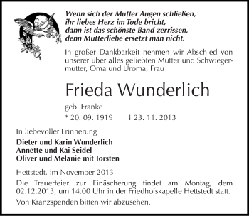 Traueranzeige von Frieda Wunderlich von Mitteldeutsche Zeitung Mansfelder Land