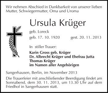 Traueranzeige von Ursula Krüger von Mitteldeutsche Zeitung Sangerhausen