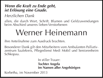 Traueranzeige von Werner Heinemann von Mitteldeutsche Zeitung Merseburg/Querfurt