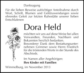 Traueranzeige von Dora Held von Mitteldeutsche Zeitung Mansfelder Land