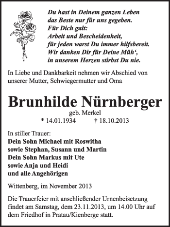 Traueranzeige von Brunhilde Nürnberger von WVG - Wochenspiegel Wittenberg