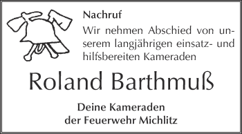 Traueranzeige von Roland Barthmuß von WVG - Wochenspiegel NMB / WSF / ZTZ