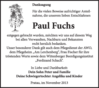 Traueranzeige von Paul Fuchs von WVG - Wochenspiegel Wittenberg