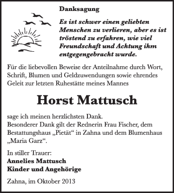 Traueranzeige von Horst Mattusch von Super Sonntag Wittenberg