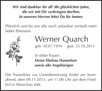 Traueranzeige von Werner Quarch von Super Sonntag Merseburg