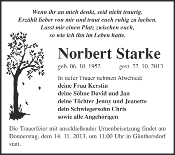 Traueranzeige von Norbert Starke von Super Sonntag Merseburg