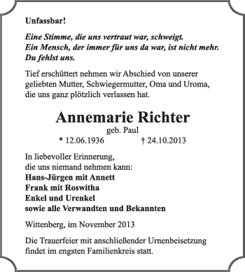Traueranzeige von Annemarie Richter von WVG - Wochenspiegel Wittenberg