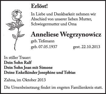 Traueranzeige von Anneliese Wegrzynowicz von Super Sonntag Wittenberg