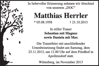 Traueranzeige von Matthias Herrler von WVG - Wochenspiegel Wittenberg