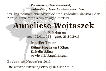 Traueranzeige von Anneliese Wojtaszek von WVG - Wochenspiegel Bitterfeld