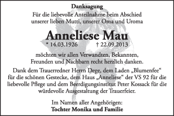 Traueranzeige von Anneliese MAu von Super Sonntag Dessau / Köthen