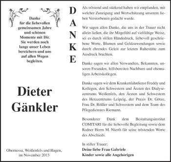 Traueranzeige von Dieter Gänkler von WVG - Wochenspiegel NMB / WSF / ZTZ