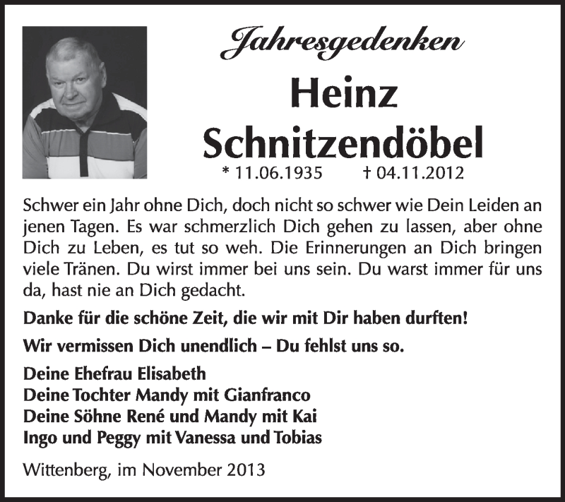  Traueranzeige für Heinz Schnitzendöbel vom 06.11.2013 aus Super Sonntag Wittenberg
