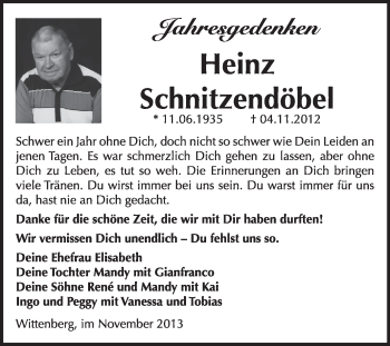 Traueranzeige von Heinz Schnitzendöbel von Super Sonntag Wittenberg