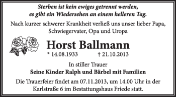 Traueranzeige von Horst Ballmann von Super Sonntag Dessau / Köthen
