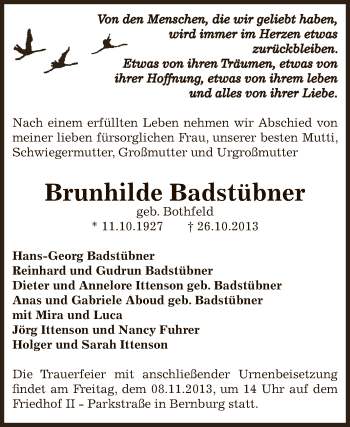 Traueranzeige von Brunhilde Badstübner von Super Sonntag Bernburg