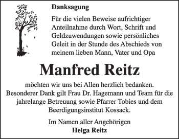 Traueranzeige von Manfred Reitz von Super Sonntag Dessau / Köthen