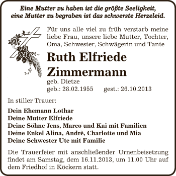 Traueranzeige von Ruth Elfriede Zimmermann von WVG - Wochenspiegel Bitterfeld