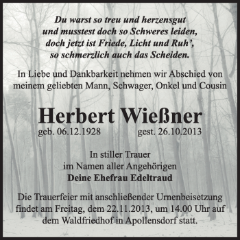 Traueranzeige von Hernert Wießner von Super Sonntag Wittenberg