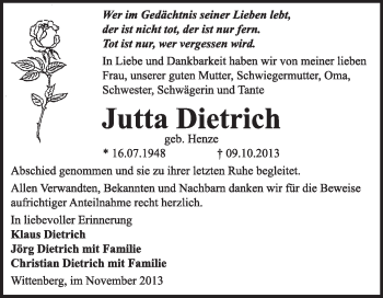 Traueranzeige von Jutta Dietrich von Super Sonntag Wittenberg