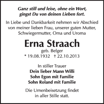 Traueranzeige von Erna Straach von WVG - Wochenspiegel Wittenberg