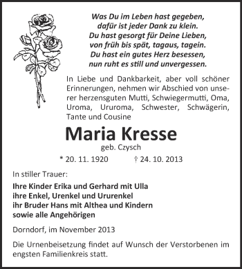 Traueranzeige von Maria Kresse von WVG - Wochenspiegel NMB / WSF / ZTZ