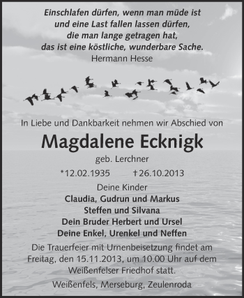 Traueranzeige von Magdalene Ecknigk von WVG - Wochenspiegel NMB / WSF / ZTZ
