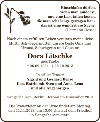 Traueranzeige von Dora Litschke von WVG - Wochenspiegel SGH