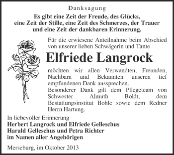 Traueranzeige von Elfriede Langrock von Super Sonntag Merseburg