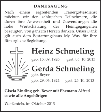 Traueranzeige von Heinz und Gerda Schmeling von Super Sonntag Merseburg