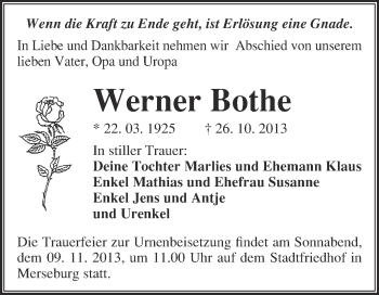 Traueranzeige von Werner Bothe von WVG - Wochenspiegel Merseburg