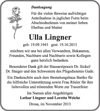 Traueranzeige von Ulla Lingner von Super Sonntag Dessau / Köthen